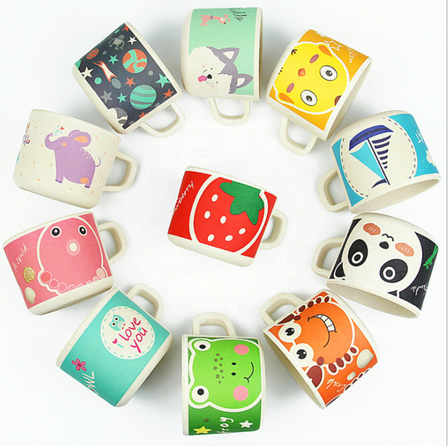 Children Bamboo Fiber Cute Mug Cartoon Kid Drinking Cups With Lid and Handle