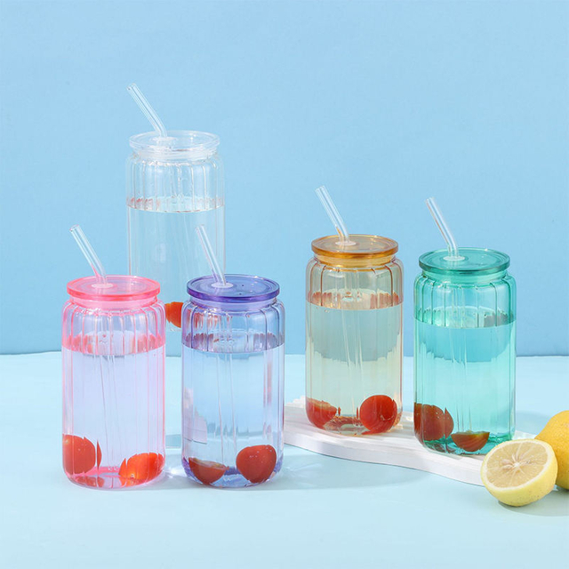 500 Ml Round Sustainable Clear Water Bottle Glass Bottles for Drinks With Long Straw Lid
