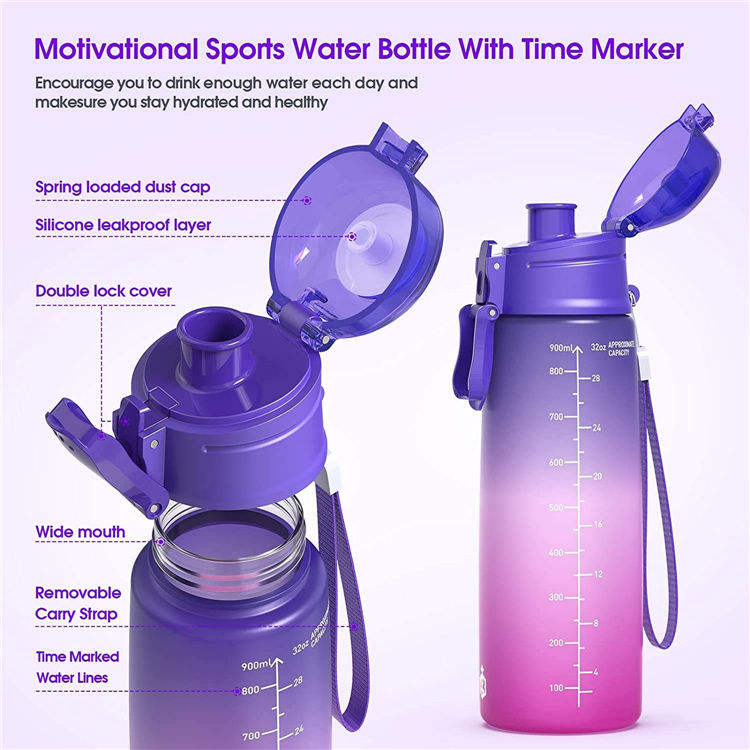 Wholesale Customized 32Oz Wide Mouth Leakproof Motivational Plastic Sports Water Bottle With Time Marker