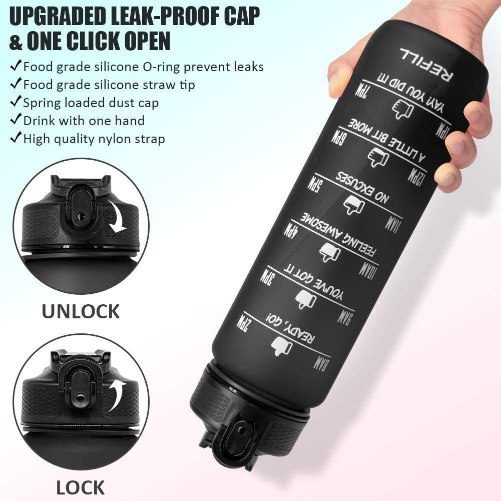 32oz Water Bottle with Time Marker Leakproof BPA Free Frosted Plastic Drinking Water Bottle with Straw