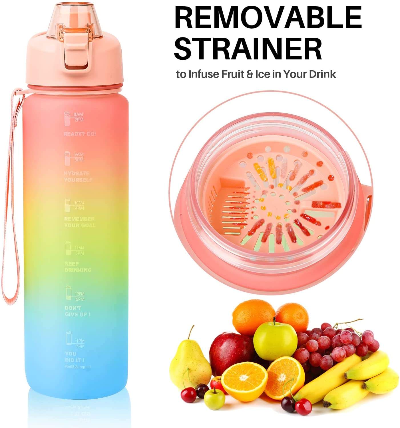 1L /32 oz Leakproof Tritran BPA Free GradienPlastic Water Bottle with Motivational Time Marker Water Bottle With Custom Logo
