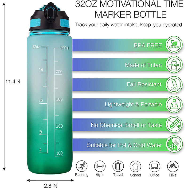 32oz Motivational Fitness Sports Water Bottle with Time Marker & Removable Strainer