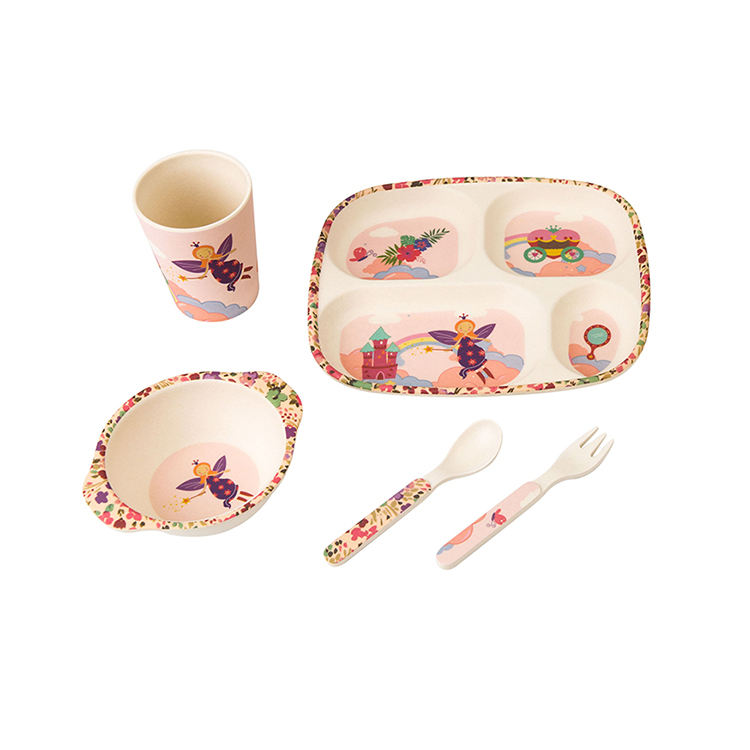 Five-piece Set Clear Design Natural Organic Bamboo Fiber Kids Tableware