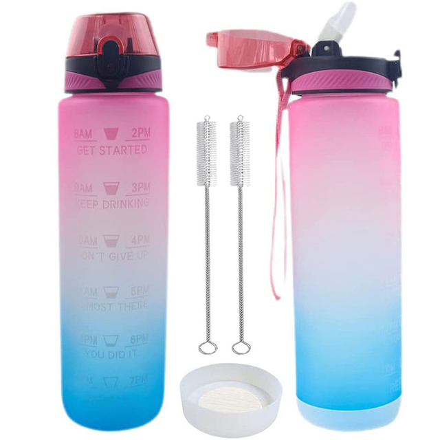 Custom Plastic Straw Strainer Filter Gym Sports 1L 32oz BPA Free Tritan Motivational Water Bottle With Time Marker