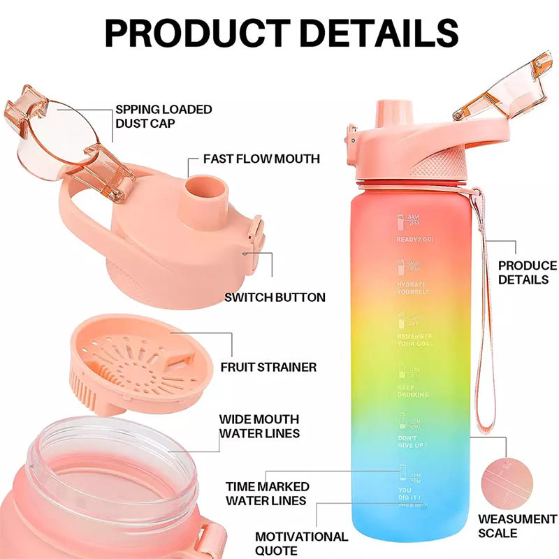 17Oz 32Oz Multi Functional Wide Mouth Leak Proof Plastic Sports Shaker Water Bottle With Time Marker Fruit Strainer