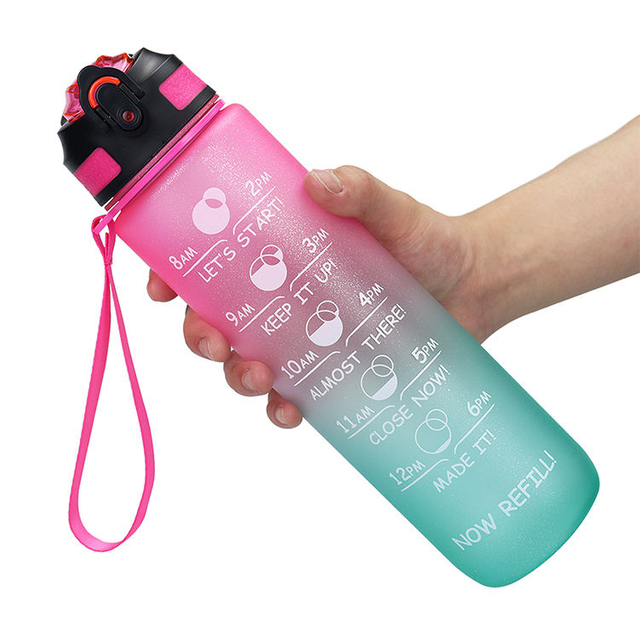 Gradient Drinking 1000ml 1L Plastic Creative Frosted Straw Cover Space Water Sports Bottle Outdoor Travel Mug with Silicone Hand