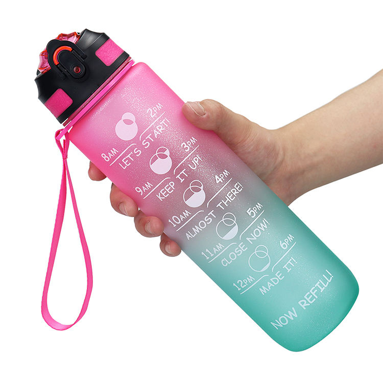 Gradient Drinking 1000ml 1L Plastic Creative Frosted Straw Cover Space Water Sports Bottle Outdoor Travel Mug with Silicone Hand