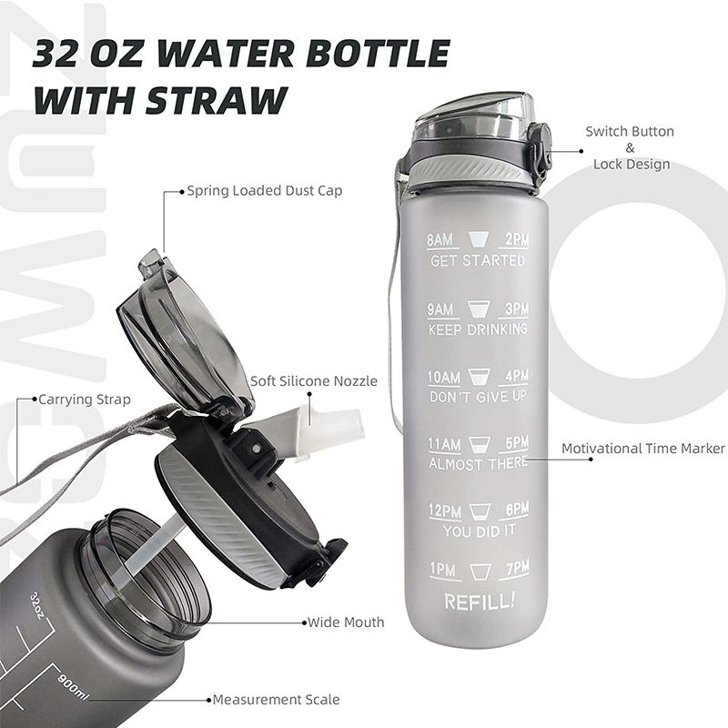 1L 32oz Custom Plastic Straw Strainer Filter Gym Sports BPA Free Tritan Motivational Water Bottle With Time Marker