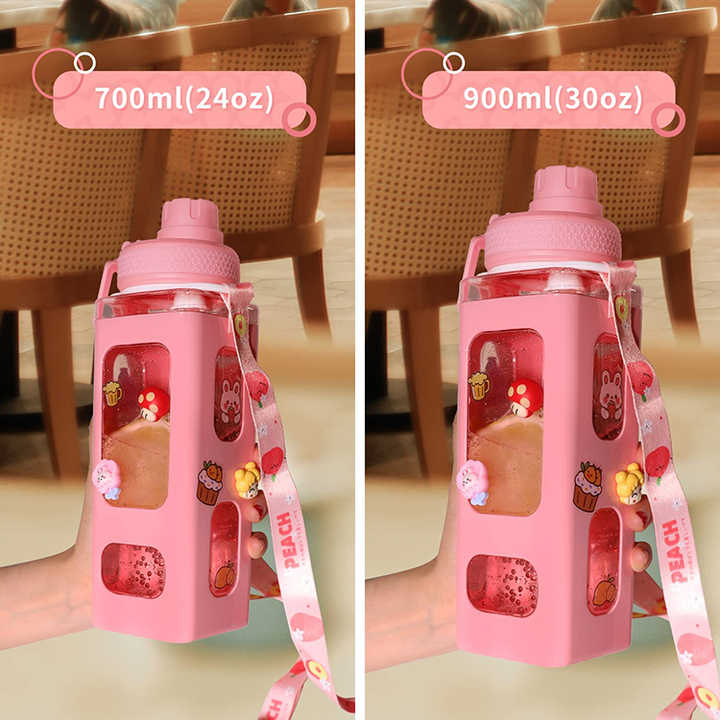 Custom Logo 700ML Outdoor Sport Plastic Square Water Bottle With Straw with Cute Sticker