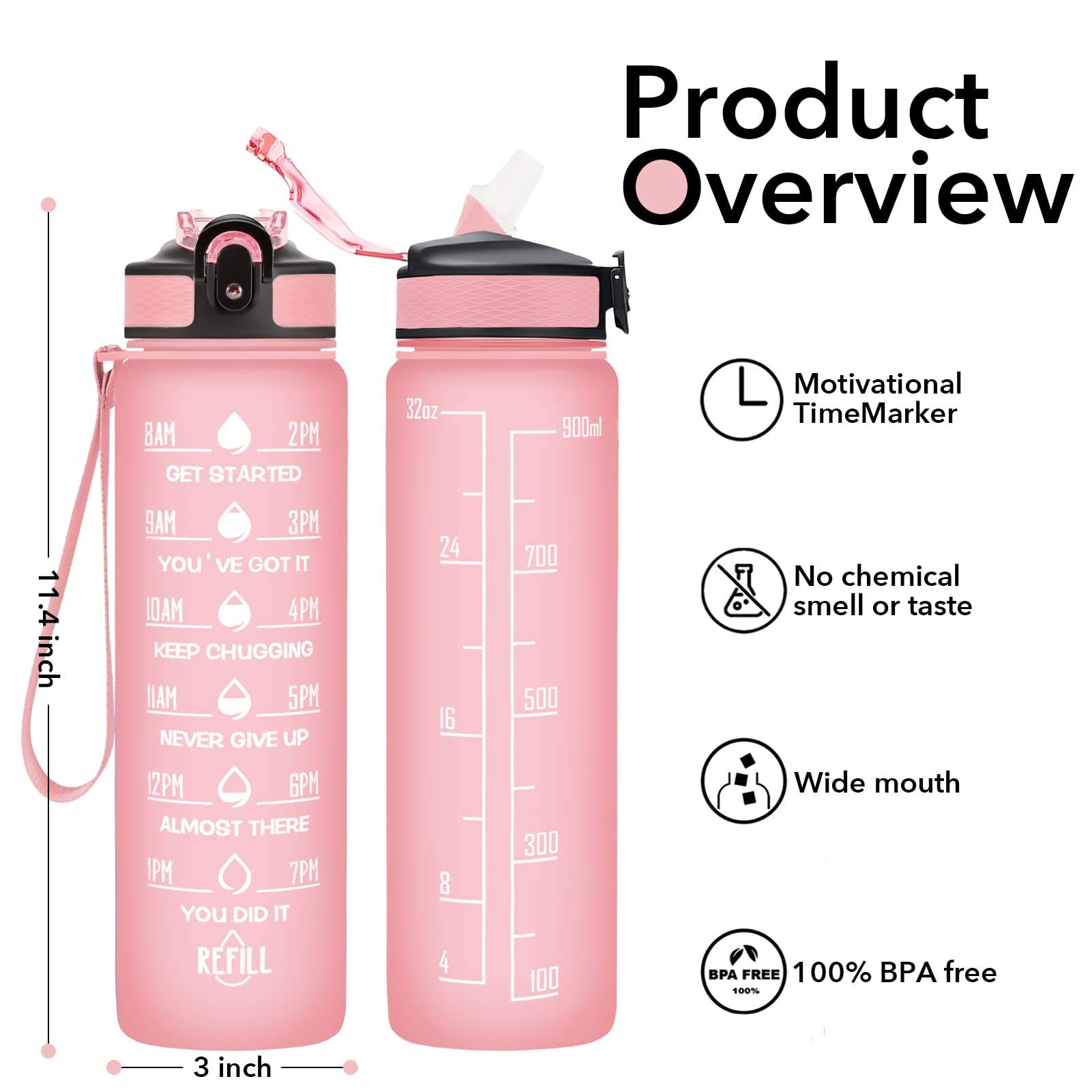 Sample FREE Shipping in Stock 32oz Motivational Fitness Sports Tritan Plastic Water Bottle with Time Marker