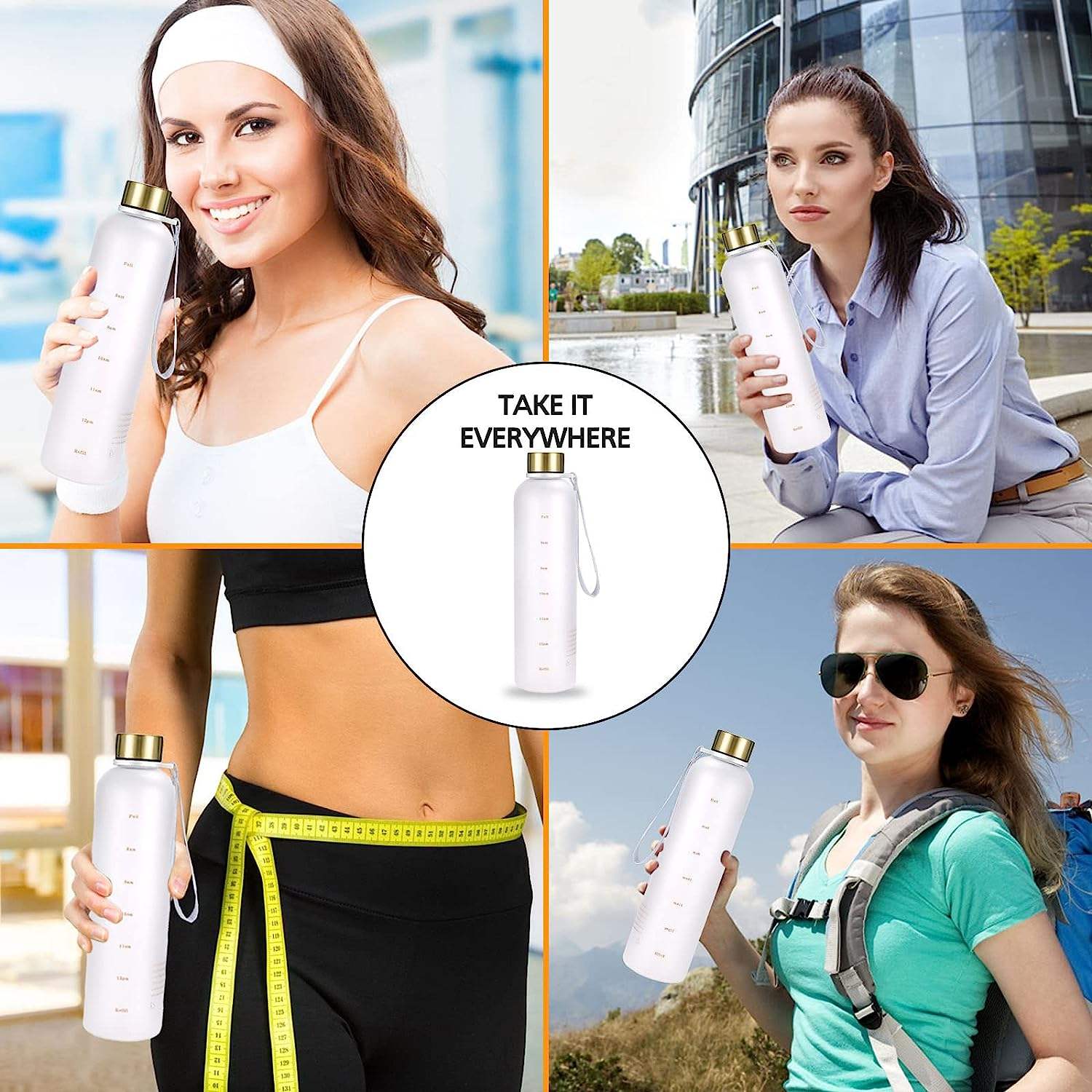 32oz BPA FREE LEAKPROOF DRINKING WATER BOTTLE WITH TIME MARKER and RPOE for OUTDOOR and SPORT