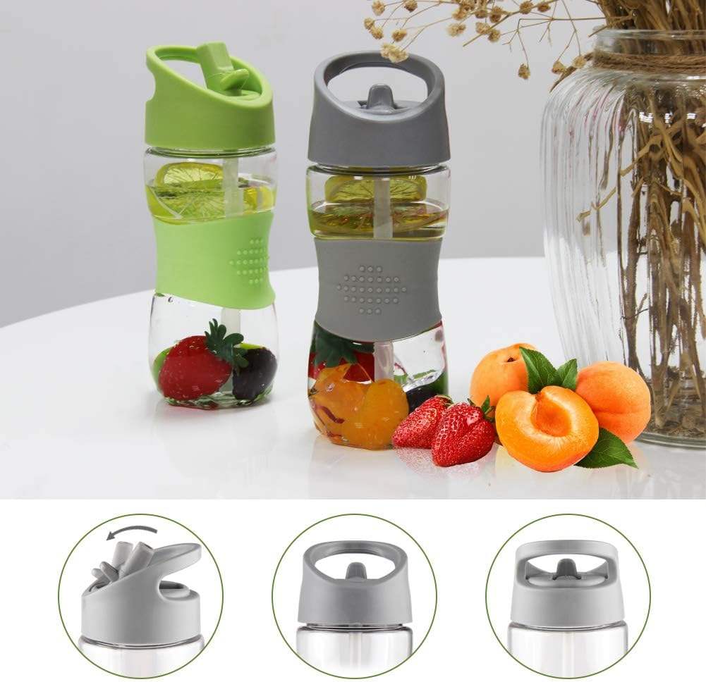 Popular Kids 400ml Wide Mouth Tritan Silicone Grip Plastic Drinking Water Bottle with Straw Lid