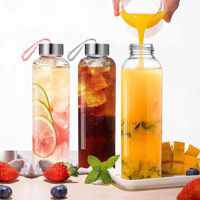 High Quality 18Oz 500Ml Leakproof Portable Narrow Mouth Transparent Glass Water Bottle With Strap Lids