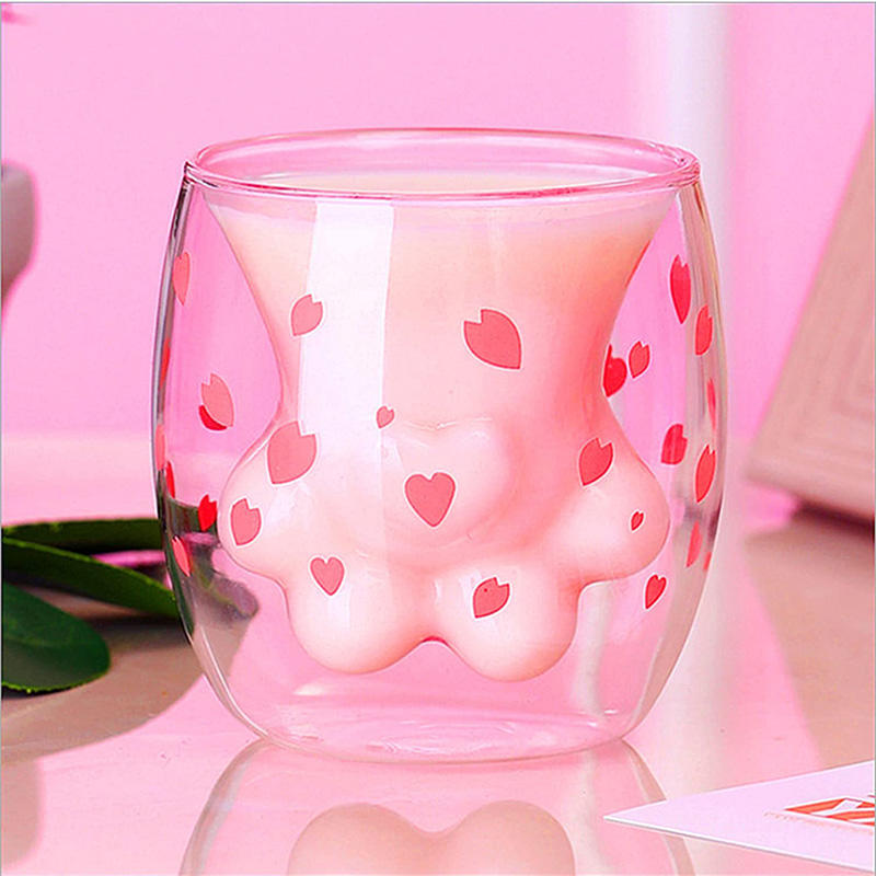 Creative Kitchen Accessories Cute Double Wall Glass Cup Cat Paw Glass Mug