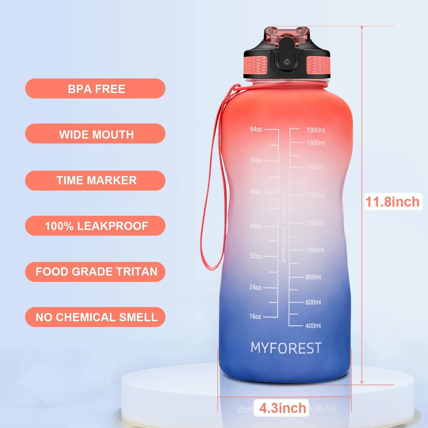 Outdoor Sports Half Gallon 64 oz BPA Free Time Marker Motivational Plastic Water Bottles