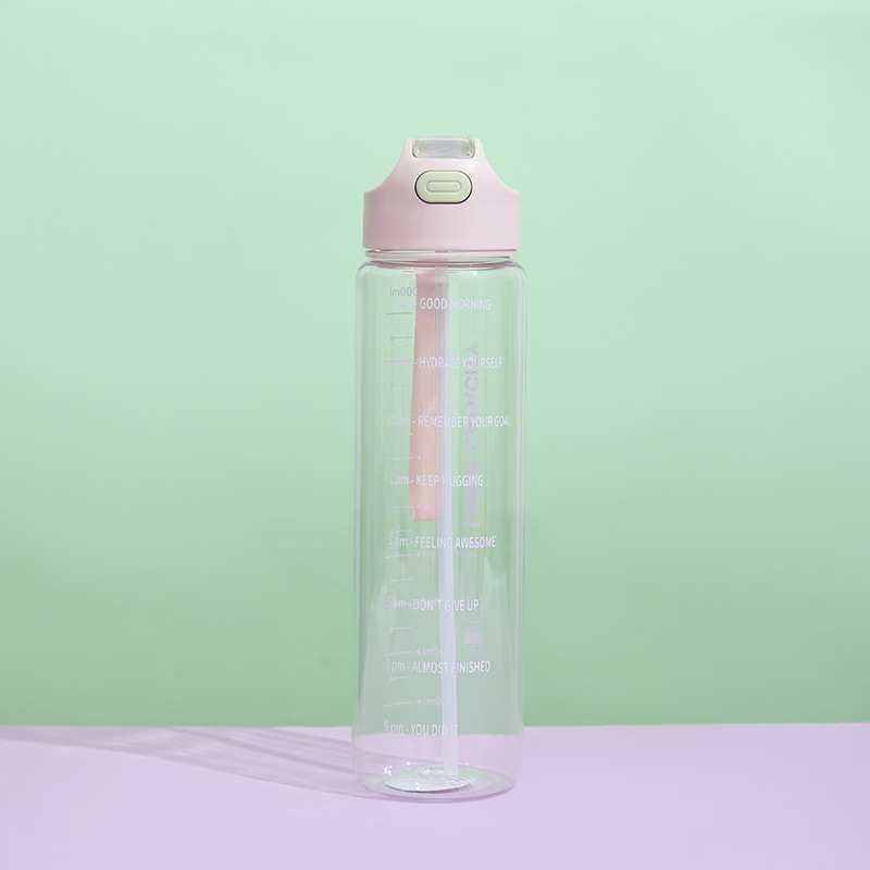 1L Large Capacity Transparent Colorful Motivational Water Bottle Plastic With Straw Time Marker