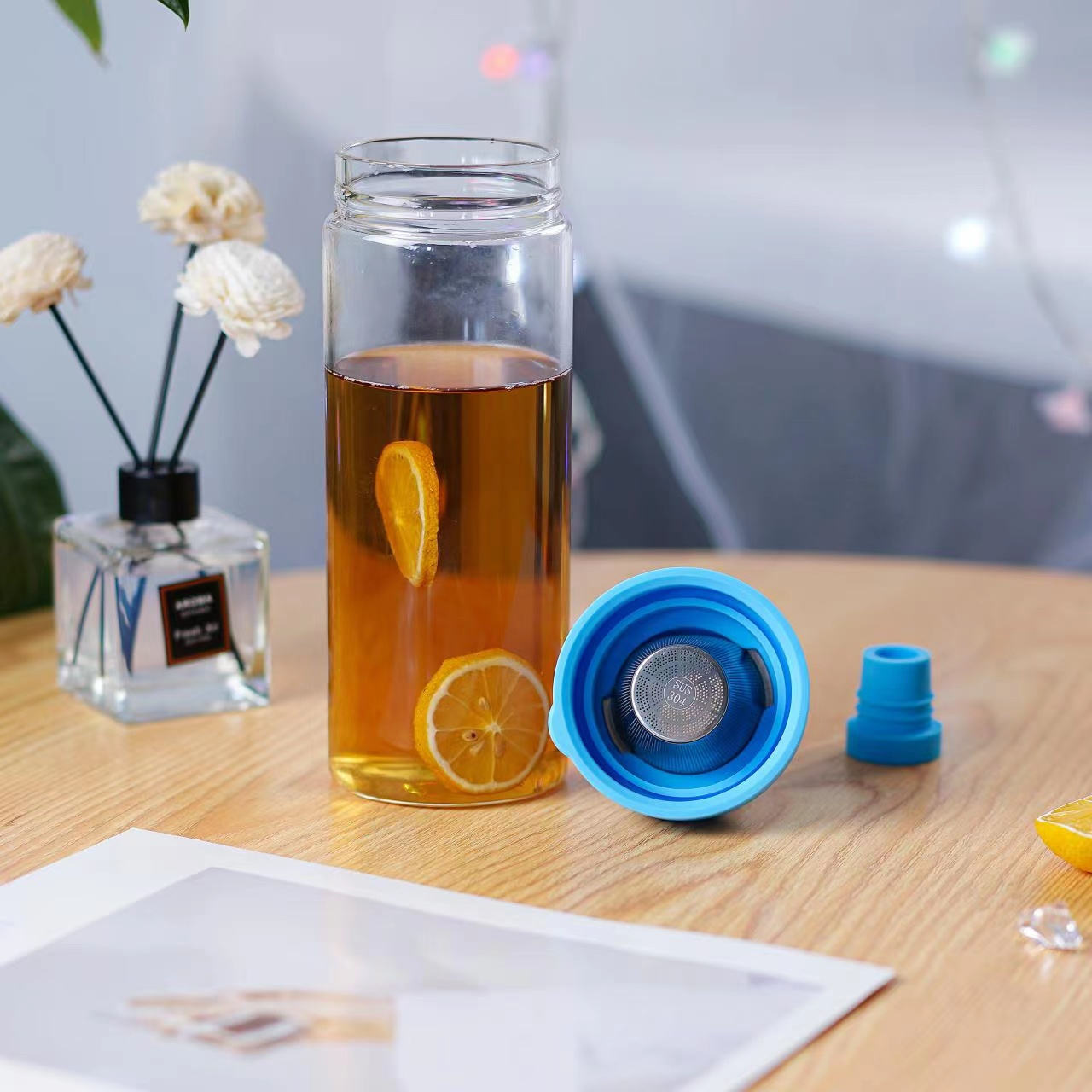Personalized 32oz Clear Cold Brew Coffee Tea Bottle Borosilicate Glass Drinking Water Bottle with Tea Infuser