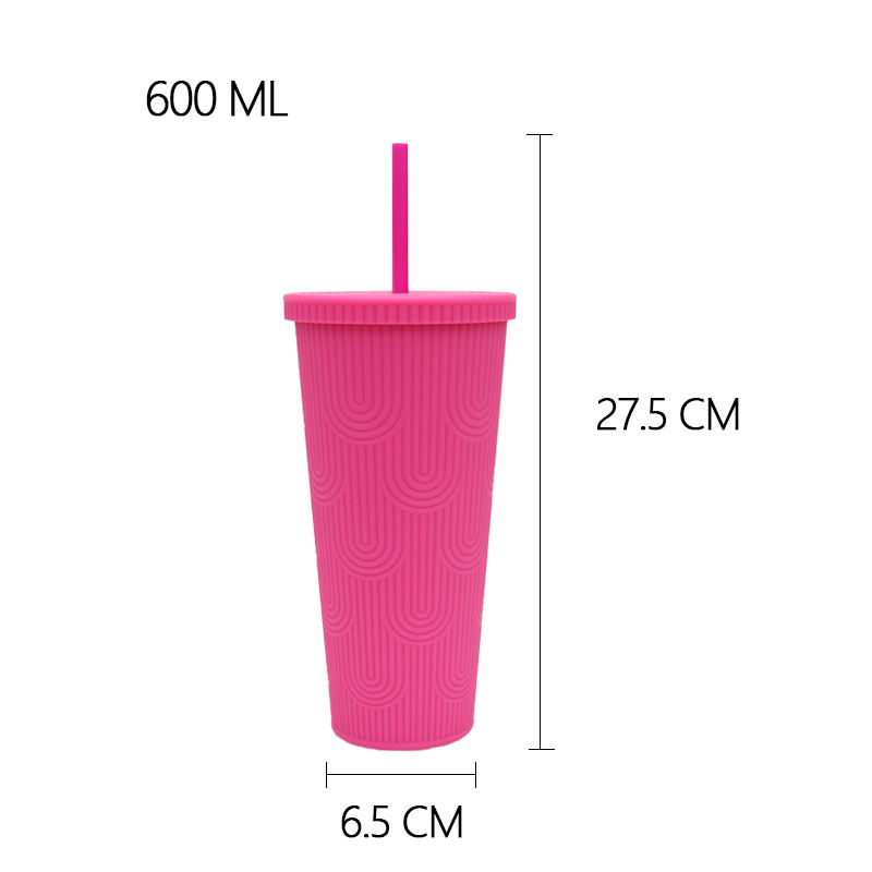 600ml Fashionable Textured Plastic Cup with Straw 21 oz Colorful Durian Straw Tumbler Double-layer Plastic Cup With Lid