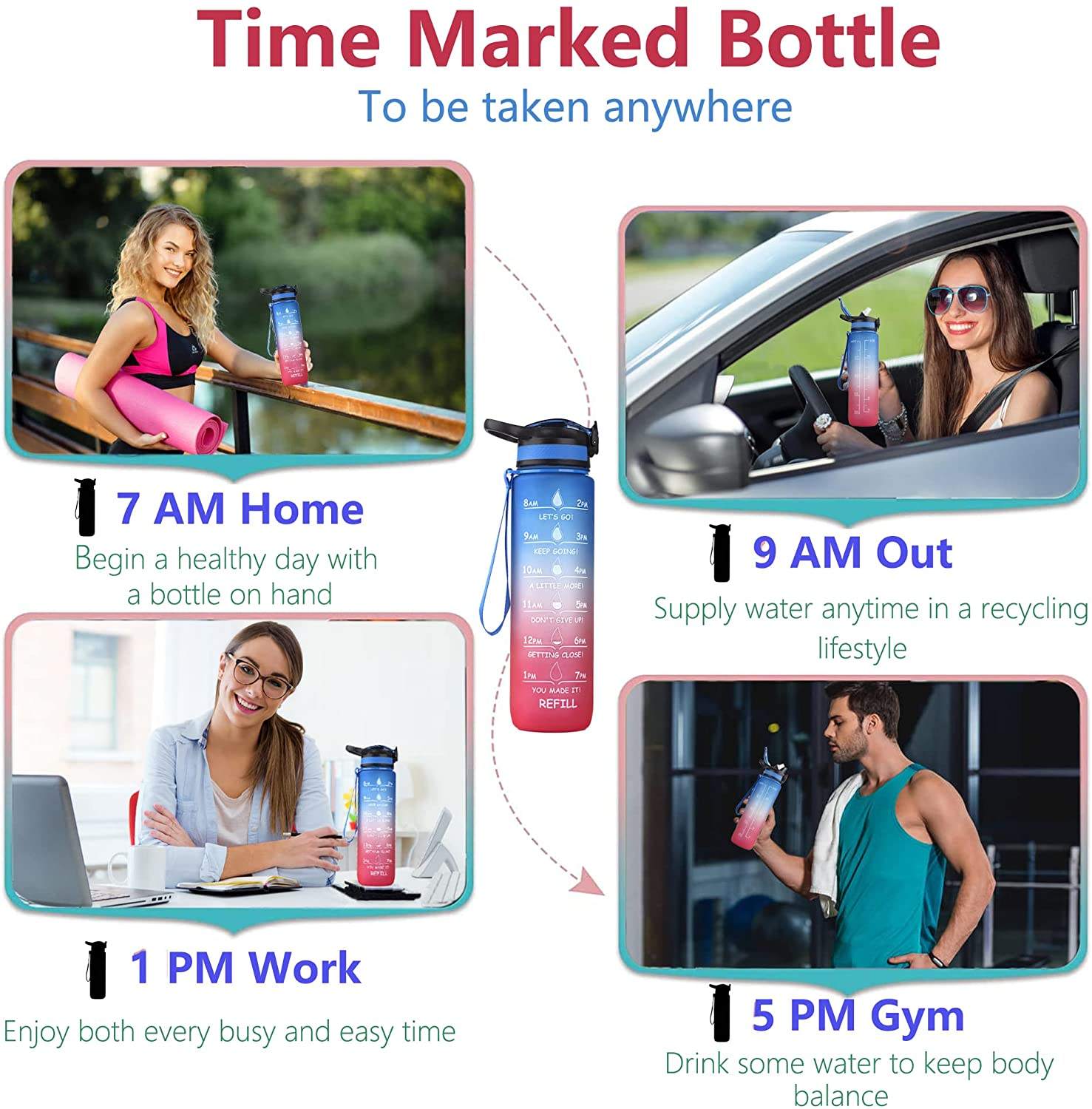 TRIATN BPA Free Large 32 oz Leak Proof Fitness Sports Water Bottle with Motivational Time Marker Straw and Handle