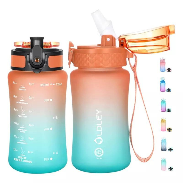 12OZ Tritan Kids Water Bottle Leakproof Reusable Motivational Water Bottles With Time Marker Straw