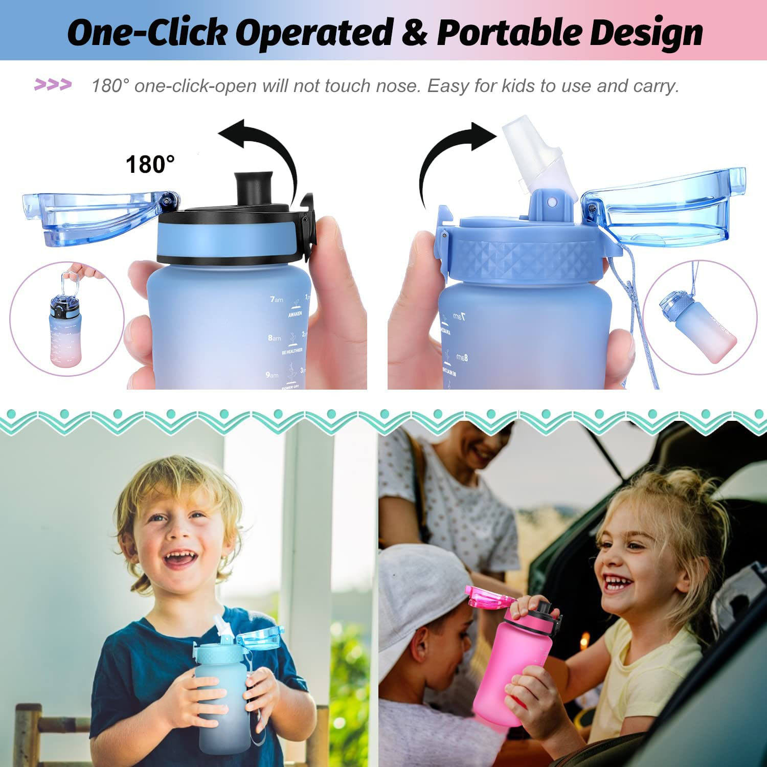12OZ Tritan Kids Water Bottle Leakproof Reusable Motivational Water Bottles With Time Marker Straw