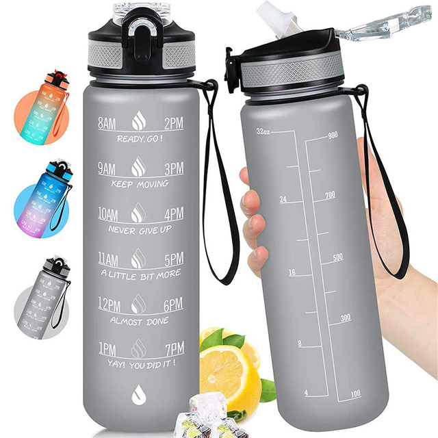 Wholesale 1L 32 Oz Gradient Color Wide Mouth Motivational Plastic Sports Water Drink Bottle With Strap