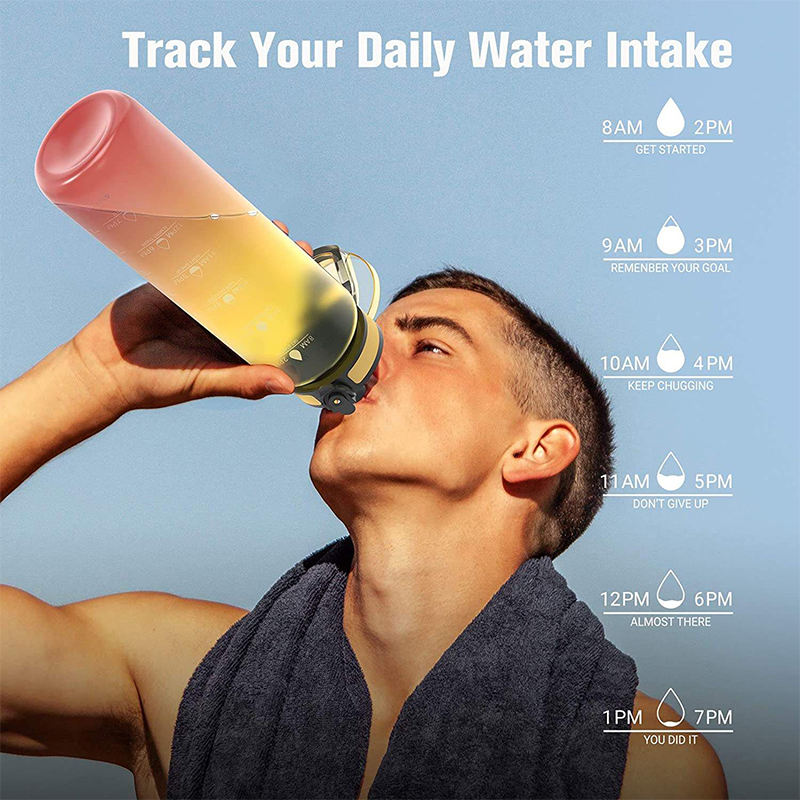 1000Ml Hydration Reminder Leak Proof Plastic Water Bottle Direct Drinking With Flip Top Lid With Time Marker