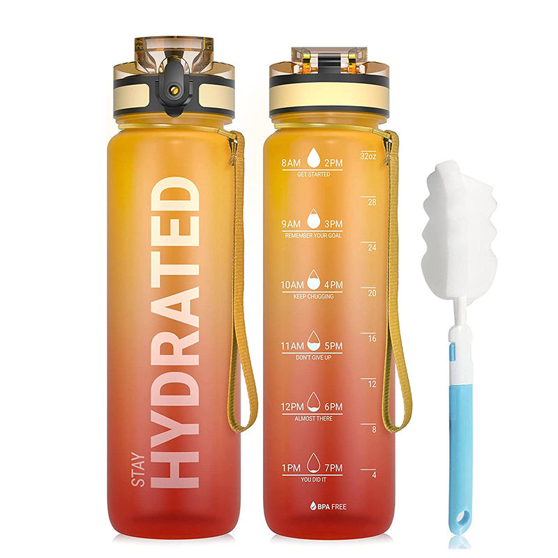 1000Ml Hydration Reminder Leak Proof Plastic Water Bottle Direct Drinking With Flip Top Lid With Time Marker