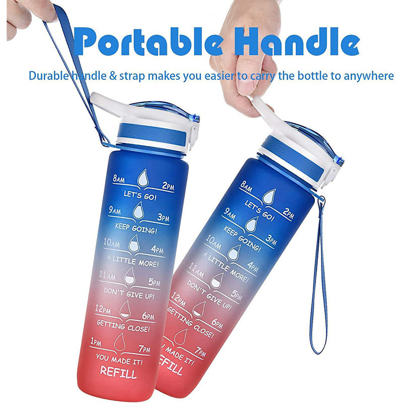 High Quality 1L 1000Ml 32Oz Wide Mouth Motivational Plastic Gym Sports Water Bottle With Strap