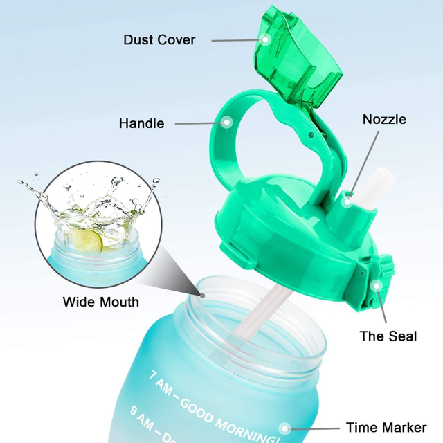 Half Gallon Water Bottle With Time Marker Large BPA Free Reusable Motivational Jug With Straw and Handle
