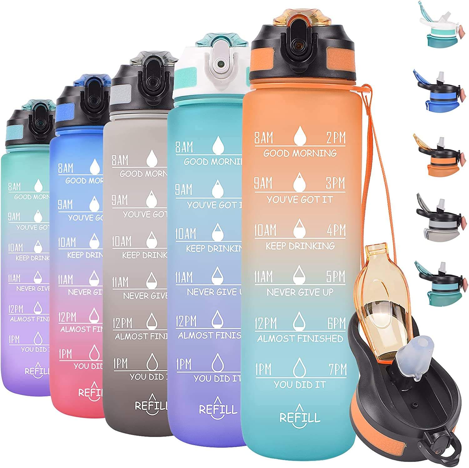 Custom Plastic Straw Strainer Filter Gym Sports 1000ml 1L 32 oz 32oz BPA Free Tritan Motivational Water Bottle With Time Marker