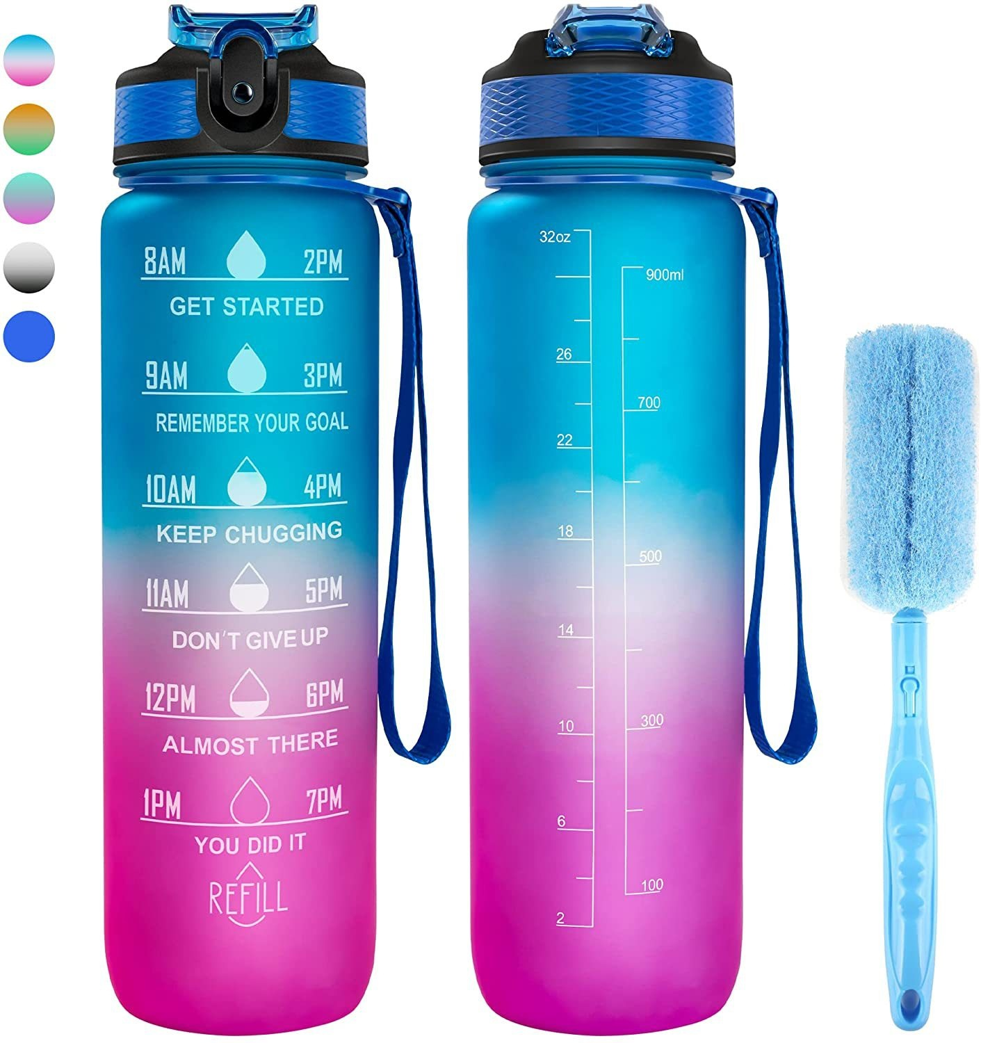 32 oz Motivational Reusable BPA Free Frosted Plastic Water Bottle With Time Marker