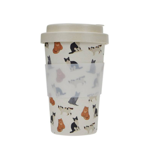 Eco-friendly BPA Free RPET 400ml Custom Pattern Reusable Coffee Cup with Lid Bamboo Fiber Mug with Silicone Sleeve