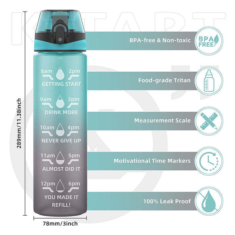 1000Mls Wide Mouth Bottles Motivational Plastic Gym Sports Water Bottle With Straw Time Marker