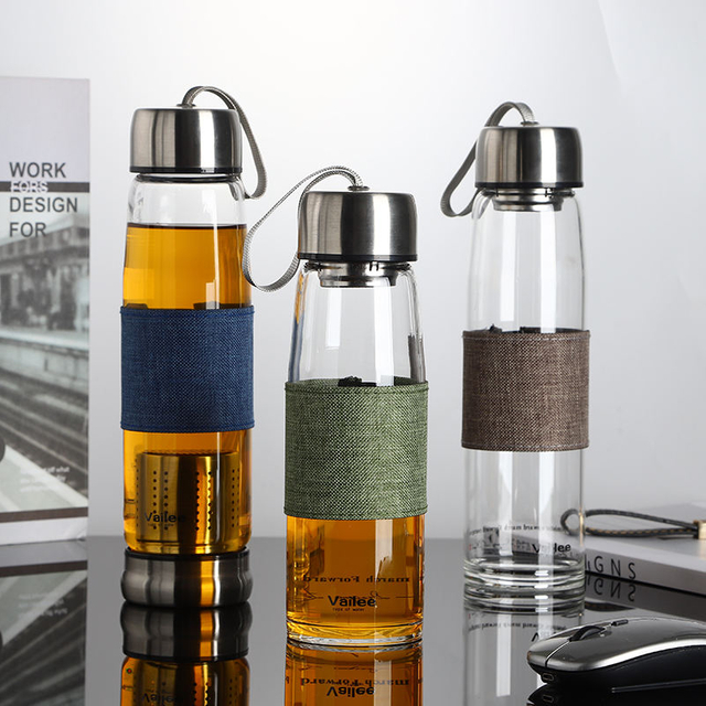 Wholesale Glasflasche Botellas De Vidrio Para Agua 550 Ml Double Walled Borosilicate Glass Water Bottle