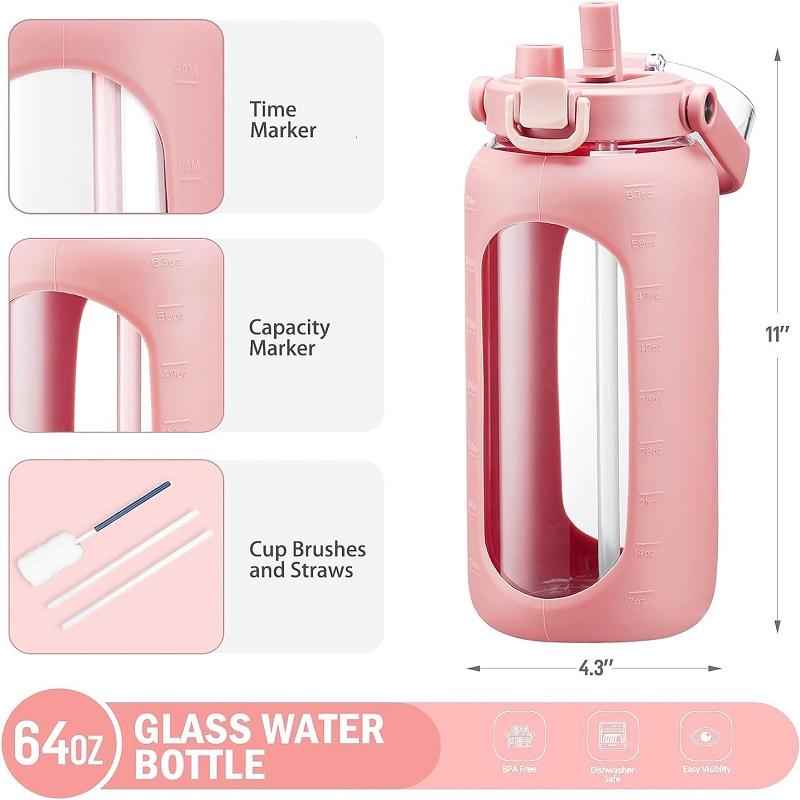 64oz Plastic Water Bottles with Straw Professional Sports Water Bottles with Silicone Sleeve and Handle