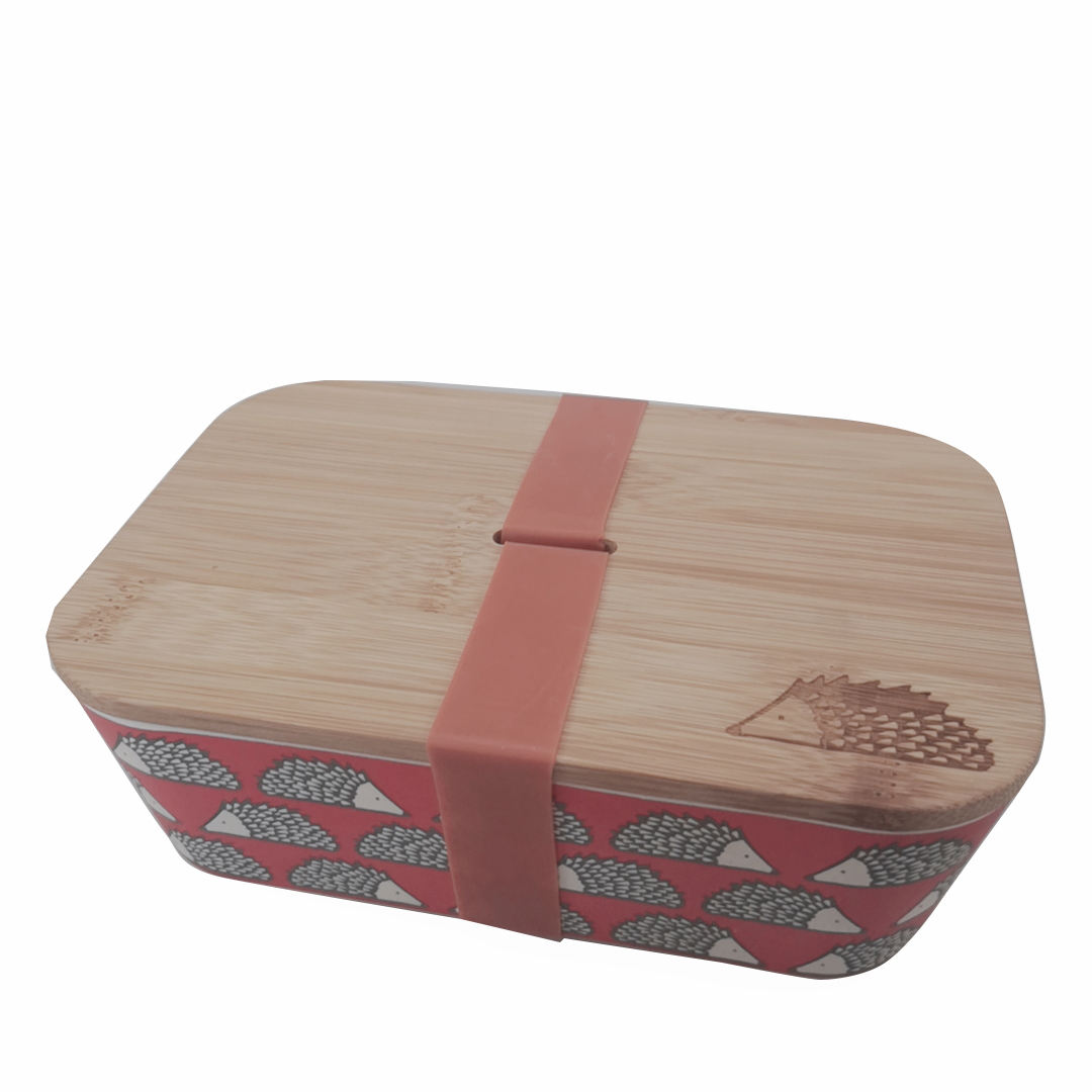 Eco-friendly Reusable Bamboo Fiber Bento Lunch Box with Silicone Band and Wooden Bamboo Lid