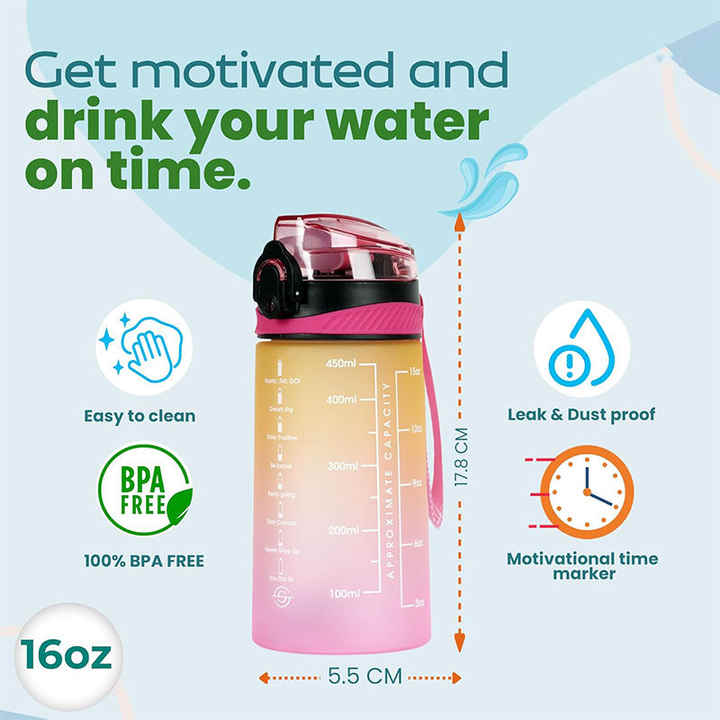 450Ml Wide Mouth Gradient Color Bpa Free Leak-Proof Motivational Plastic Gym Fitness Sports Water Bottle With Straw
