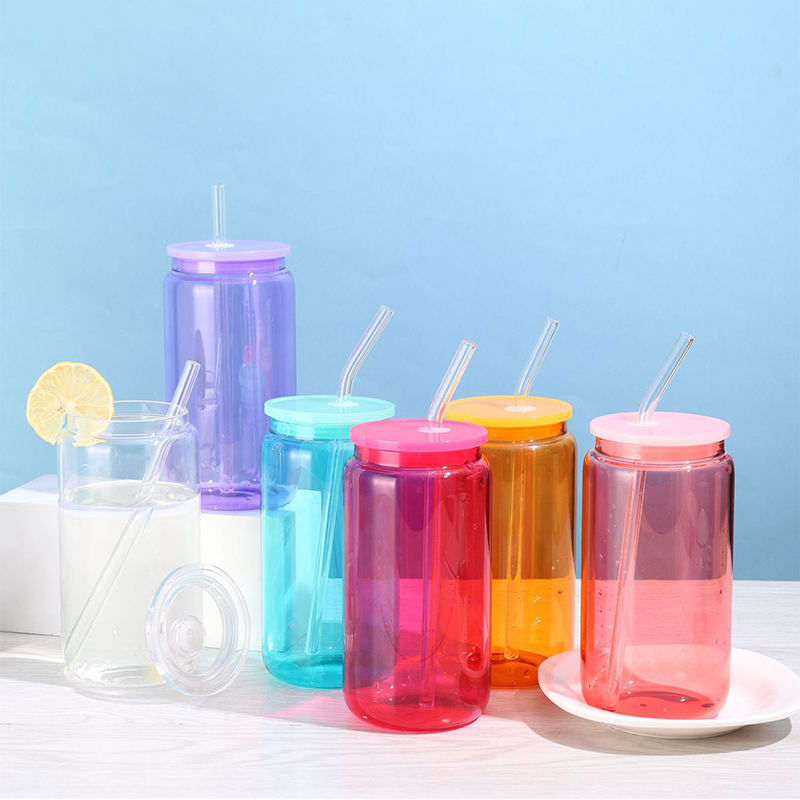 16Oz Wholesale Refillable Fashionable Simple Round Straw Glass Water Bottles for Drinks