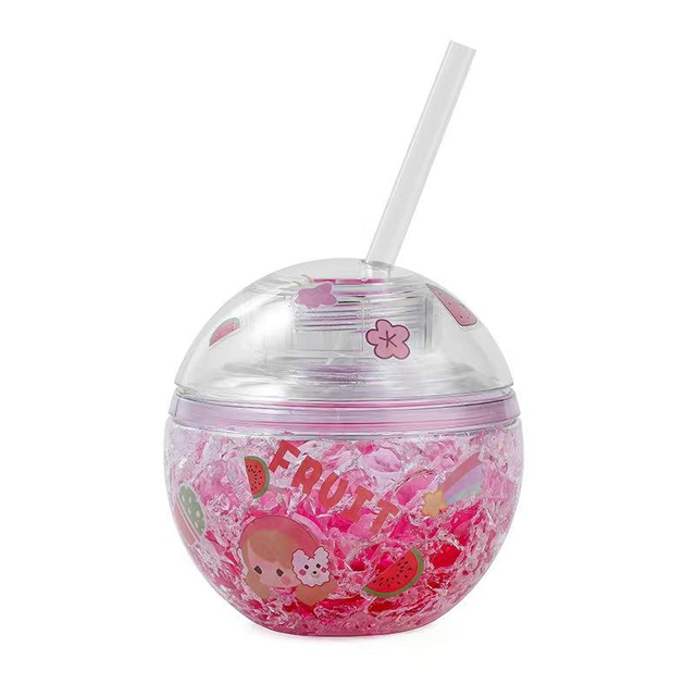 New Double Layered Ice Ball Drink Water Bottle with Straw Summer Outdoor Girl Student Straw Water Plastic Water Bottles Cup