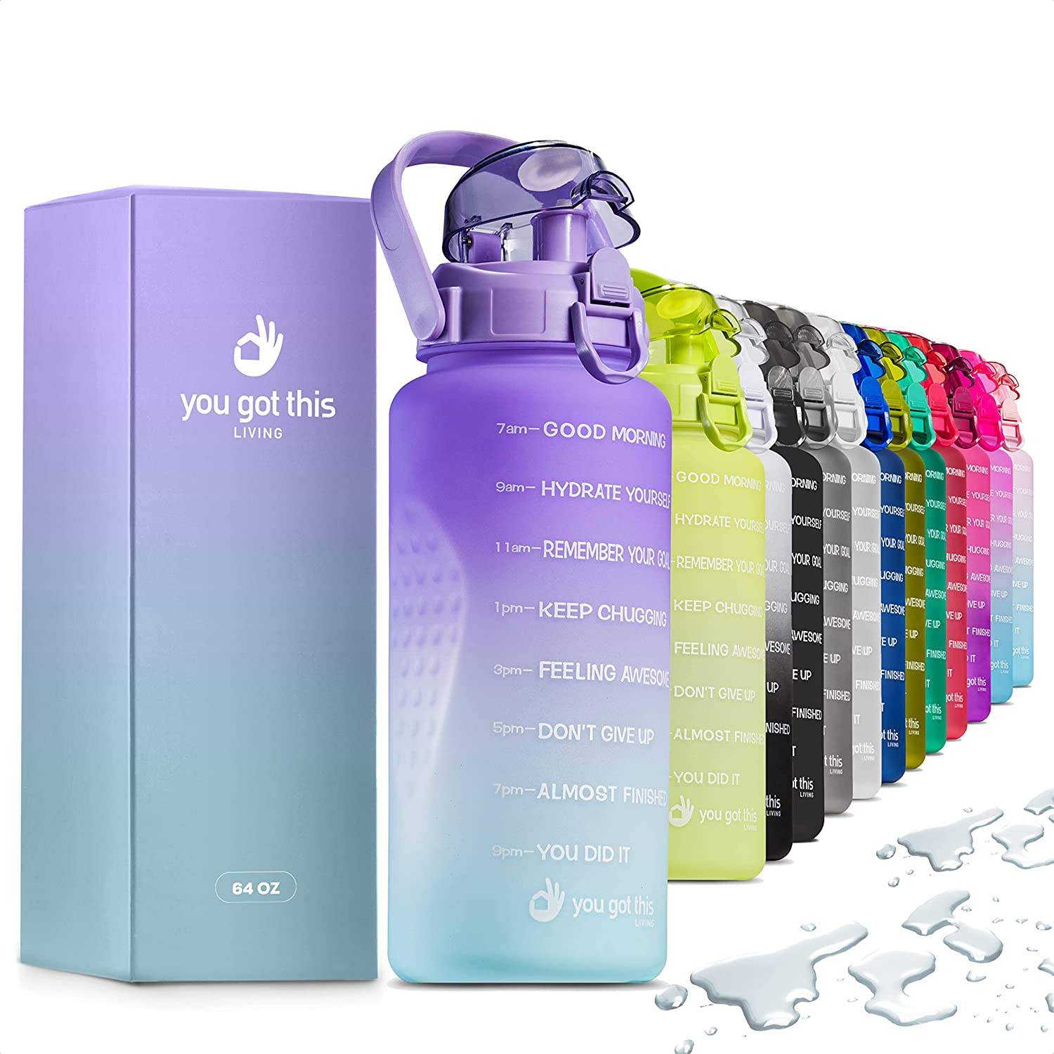 64 OZ 2L WATER BOTTLE Large Capacity Gym with Motivational Words Water Level Reminder to Drink Water