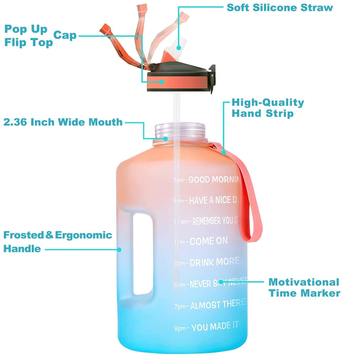 128 oz Water Bottles Gym Jug BPA Free Custom Logo Plastic Motivational One Gallon/1 Gallon Water Bottles with Handle