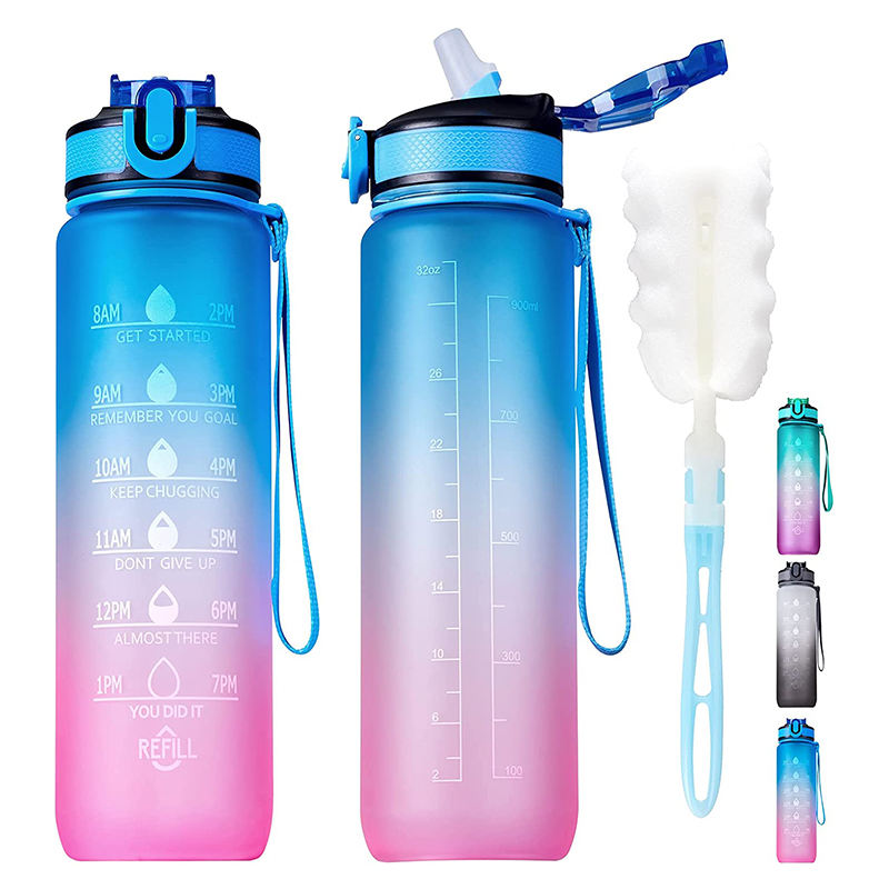 Bpa-Free 1L Sport Plastic Gradient Color Motivational Large Water Bottle With Time Marker With Straw
