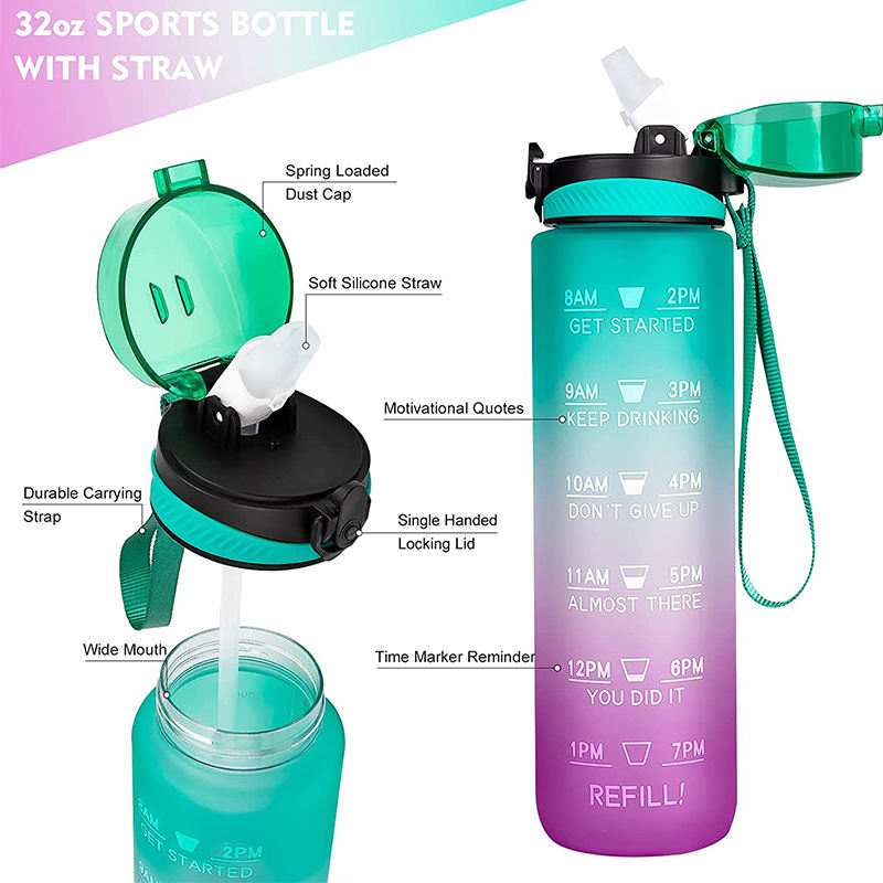 32 64oz Motivational Frosted Time Marked Plastic Gym Water Bottle 500ml 700 ml 1000ml