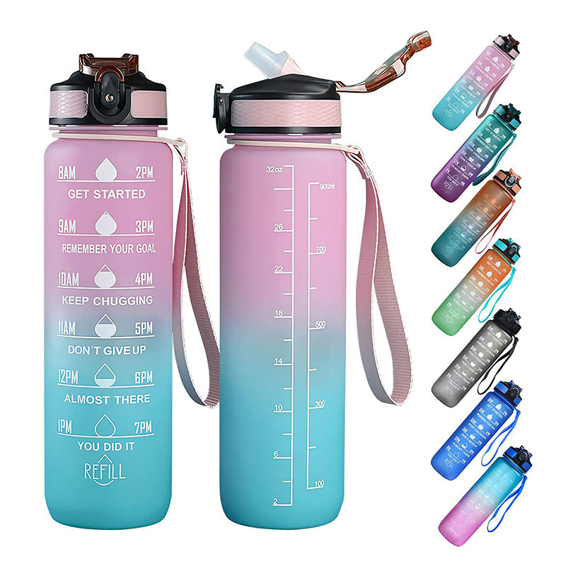 Wholesale Gradient Gym Bottle 1L BPA Free Sports Motivational Drink Bottle Plastic Water Bottles with Time Marker