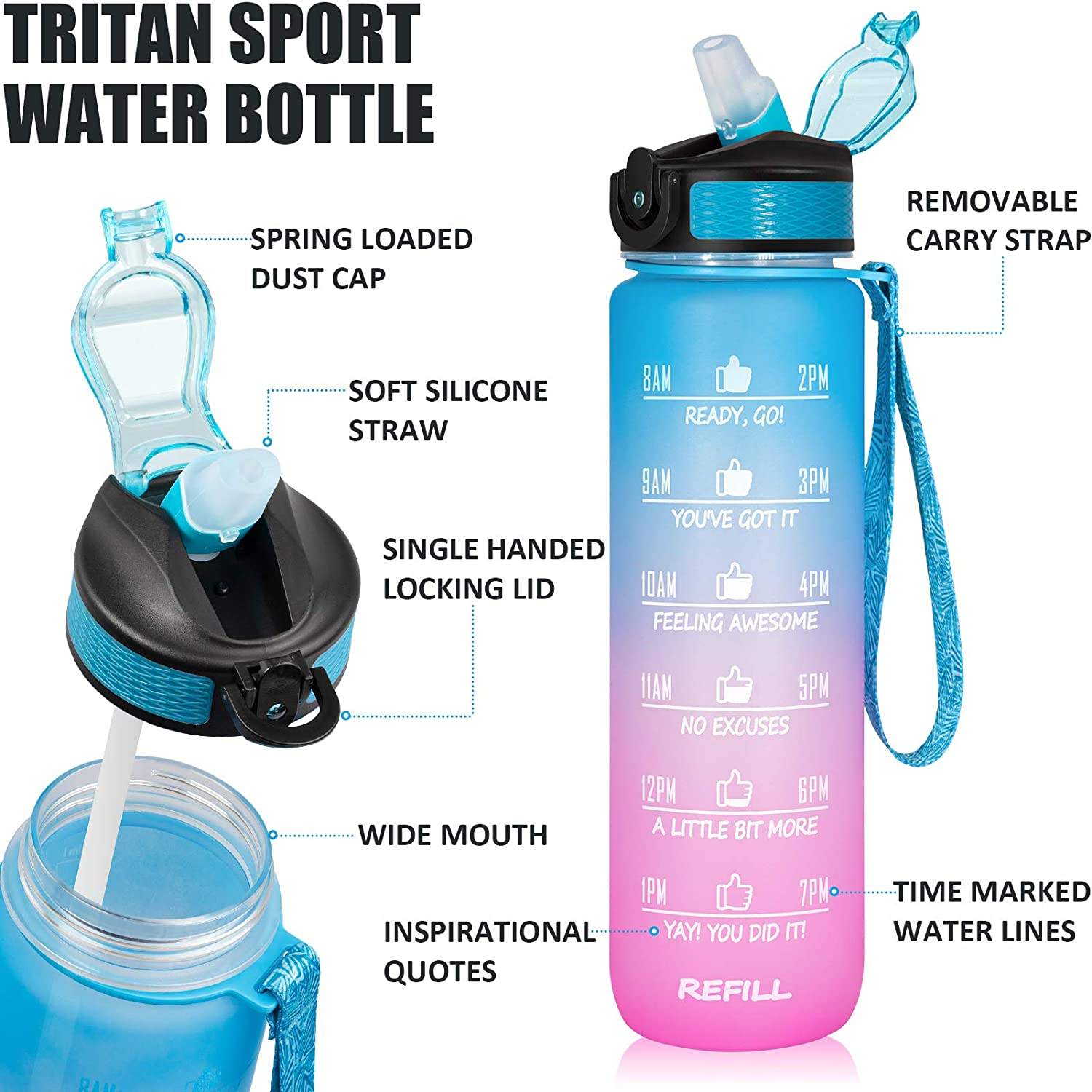 Custom logo and Color BPA-Free Big 32 oz Plastic Sport Water Bottle