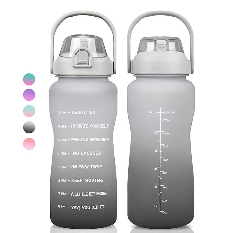 Custom BPA Free 2l Half Gallon Fitness Gym Sports Clear Plastic Motivational Water Bottle with Time Marker and Straw