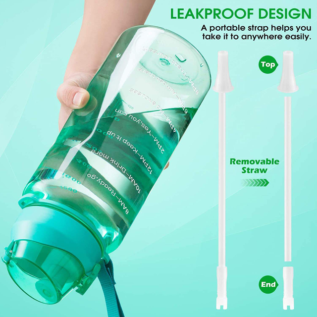 64 oz Large Daily Water Bottle With Time Mark and Straw Suitable for Outdoor Exercise in Gym