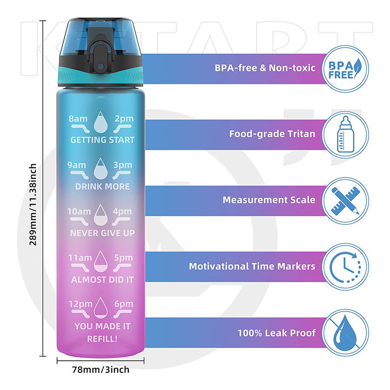 Custom Logo 1L 32oz Portable Workout Gym Sports BPA Free Tritan Plastic Motivational Water Bottle With Straw Time Marker