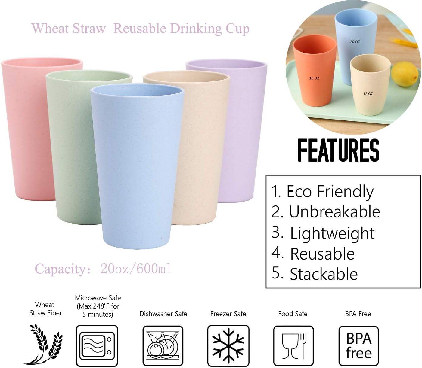 RPET CUP 6PCS Reusable Plastic Cups 20 oz Unbreakable Drinking Cup for Kitchen Dishwasher Safe Water Tumbler Set